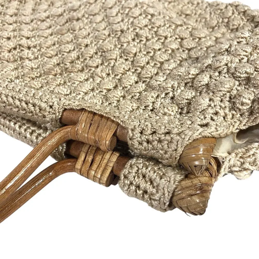 Vintage Crochet Wood Handle Handbag Tan Bauble Bubbles Lined Retro Neutral Beige